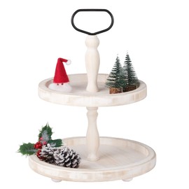 Mustry Rustic Wooden 2 Tiered Tray, Round Farmhouse Kitchen Table Decor Serving Tier Tray, Food Fruits Cupcake Display Coffee Bar Home Party Seasonal Decorations (White)