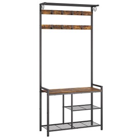 YATINEY Coat Rack Shoe Bench, 4-in-1 Hall Tree with Storage Shelves and Hanging Rod, Entryway Storage Organizer with 8 Movable Hooks, for Entryway, Hallway, Corridor, Rustic Brown and Black MT12BR