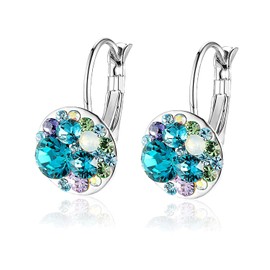 Multicolored Austrian Crystal Leverback Earrings for Women 14K Gold Plated Dangle Hoop Earrings (Blue Green Crystals/Silver-tone)