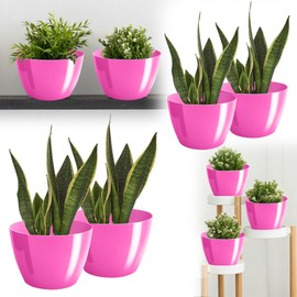 PECZEKO Flower Pot Shiny Plastic Planter Decorative Pot for Large and Small Plants, Set of 2 Flower Pot, Flower Pot Herb Pot, Fuchsia, Diameter 9.5 cm