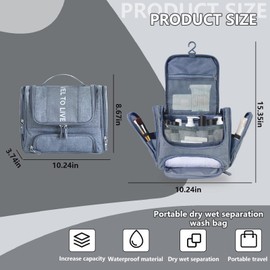 Hanging Travel Toiletry Bag for Women Men, Waterproof Cosmetic Makeup Organizer Bag Storage with Hook, Skincare Hygiene Bathroom Bag for Traveling Full Size Bottles (Gray)