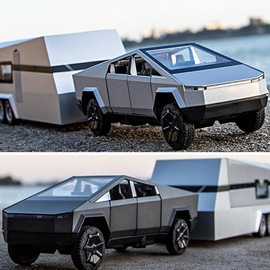 1/24 Large Pickup Truck Toy with Motorhome and Motorcycle, Diecast Pickup Truck Trailer RV Alloy Model Collection Vehicles for Kids Adults Birthday Gift (Black)