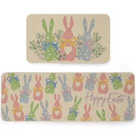 ARKENY Happy Easter Rabbits Kitchen Mats Set of 2, Spring Easter Holiday Party Kitchen Rugs and Door Mats, Non-Slip Absorbent Floor Mat Seasonal Flower Kitchen Decorative 17x29 and 17x47 Inch AKM029