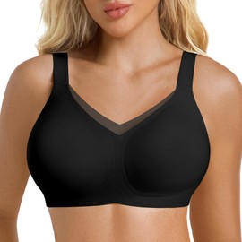 ONEW Women's Padded Bra Without Underwire Supportive Push Up Soft Cup Bra Comfortable Non-Wired Bralette Mesh V-Neck Padded Bustiers Top for Everyday Use, black, M