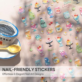 Summer Desserts Nail Art Stickers Colorful Ice Cream Drink Nail Decal 3D Embossed Self-Adhesive Cute Manicure Charm Decoration Bright Pegatinas Uñas for Women Finger Art Accessories