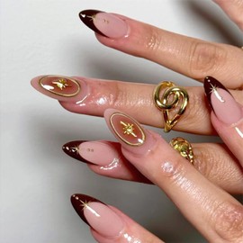 Gold Press on Nails Short Almond Fake Nails with Designs 3D Star French Tip Glue on Nails Reusable Artificial Acrylic Stick on Nail for Women Gorgeous 24 Pcs WYFHDT