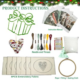 DIY Heart Shaped Hand Embroidered Christmas Ornament Kit Complete Craft Set with Pre-Printed Fabric Embroidery Thread Holiday Cross Stitch Decor for Beginners Adults and Home Decor (Finished product)
