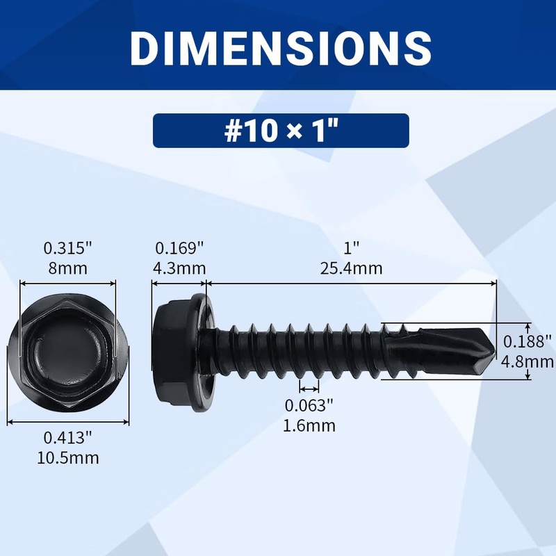 #10 x 1 Black Hex Washer Head Self Drilling Screws