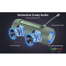 Fisher Portable Bluetooth Speaker IPX5 Waterproof Speaker, 14W PEAK Power Bluetooth Stereo, 8H Playtime, LED Lights, TWS, BT 5.3, Built-in Mic, Hands Free Calling, Wireless Electronics, Home & Outdoor