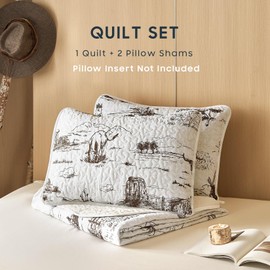 Wake In Cloud - Western Quilt Set, Cowboy Southwestern Country Vintage Native American Rustic Ranch Life, Reversible Lightweight Bedspread Coverlet, 3 Pieces, Beige Brown, Queen/Full Size