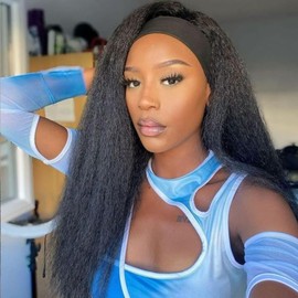 G&T Wig Yaki Straight Headband Wigs for Black Women Synthetic Yaki Headband Wig Long Kinky Straight Hair Wigs With Hair Band Attached 20 inch Full Machine Made None Lace Front Wig Natural Black Color