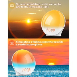 Lichtwecker, Tageslichtwecker Sonnenaufgang Sonnenuntergang Simulation mit 2 Alarmen&Snooze, 15 Farblicht 20 Helligkeit 7 Natürlichen Klängen&Radio Wecker Digital, Sunrise Alarm Clock für Erwachsene