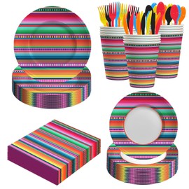 140PCS Mexican Serape Fiesta Plates and Napkins Set, Fit Mexican Themed Paper Dessert Plates, Taco Colorful Stripes Pinata Ponchos Platters Dance Party, Serves 20 Guests