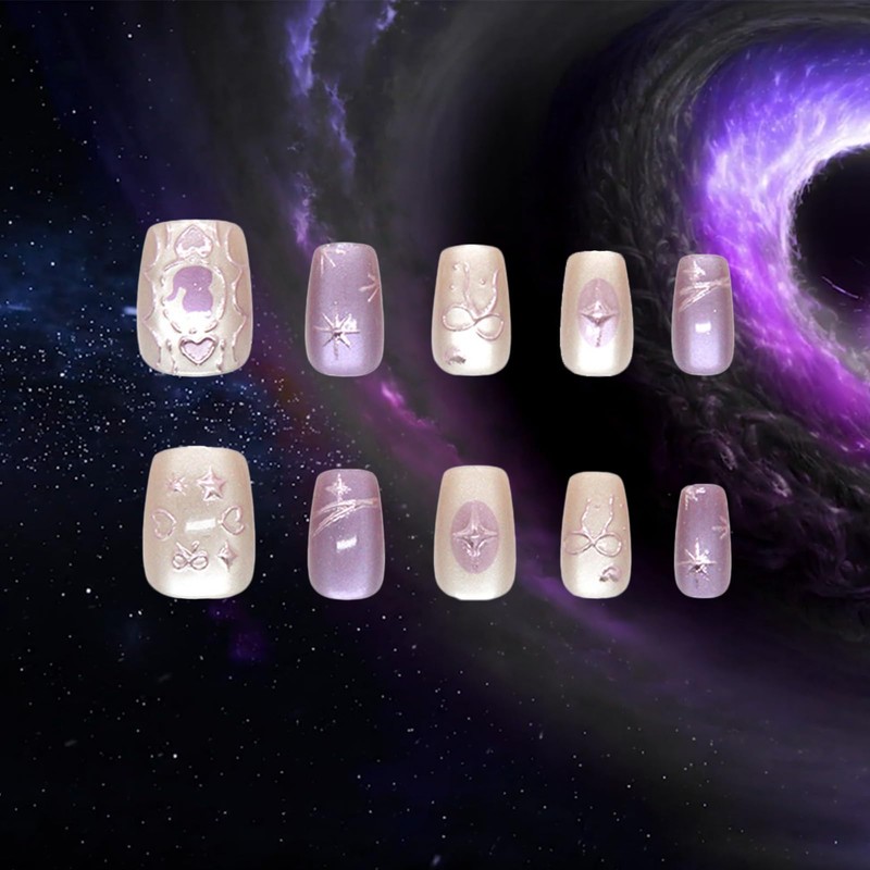 24Pcs Bow Tie Short Square Fake Nails 3D Curve Line