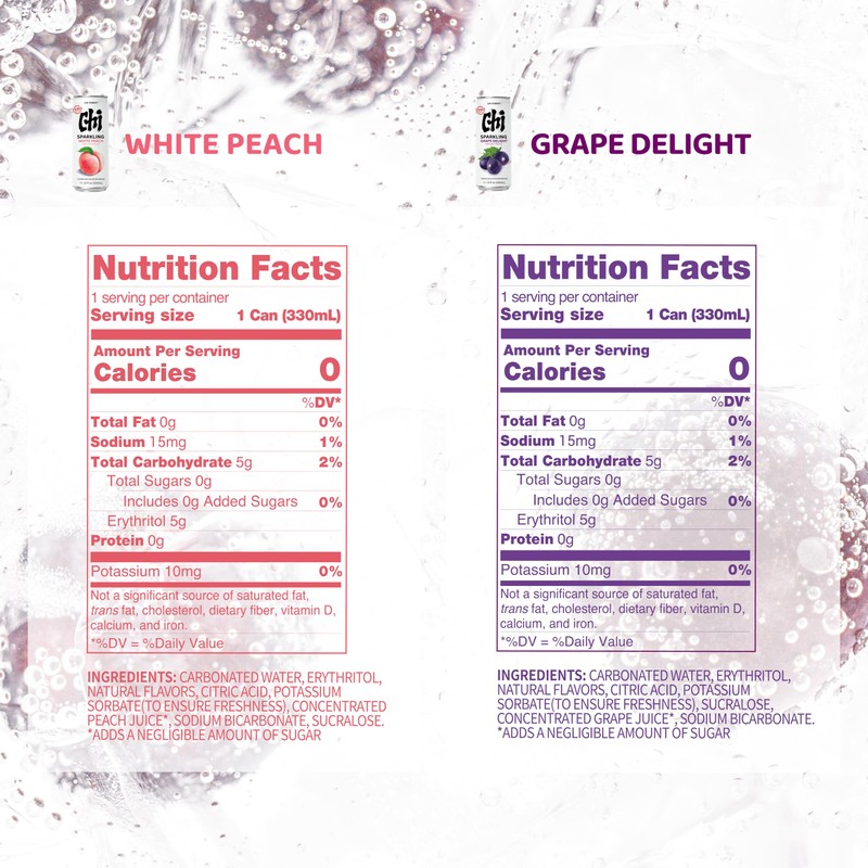 CHI FOREST Sparkling Water Beverage, Peach & Grape drinks, Zero