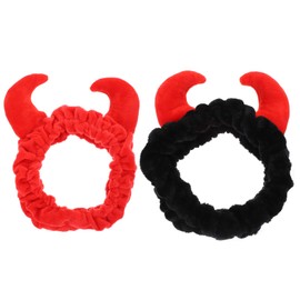 Beaupretty 2 Pack Spa Headband for Women, Devil Horns Facial Headband Face Wash Headband Makeup Cosmetic Shower Soft Hair Band (Black, Red)