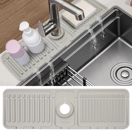 YXSS Silicone Sink Splash Guard 17 inch Sink Protectors for Kitchen Sink Faucet Handle Drip Catcher Mat for Bathroom Countertop Protect Sponge Holder, Grey