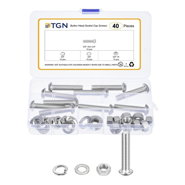 DTGN 40Pcs 3/8"-16x1-3/4 Button Head Socket Cap Screws - 304