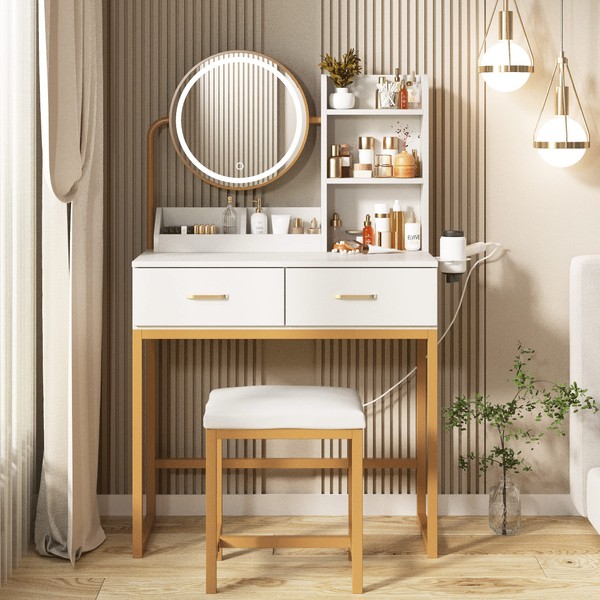 Makeup Vanity Desk with Round Mirror and Lights, White Vanity Makeup Table, Small Vanity Table for Bedroom with Lots Storage, 3 Lighting Modes, 31.5in(L)
