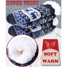 EBMORE Mens Slipper Fuzzy Socks Fluffy Winter Cabin Cozy Warm Soft Fleece Thick Comfy Christmas Gift Stocking Stuffers with Grips(Dark Blue Deer)