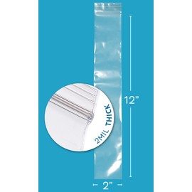 GPI 100 Pack, 2" x 12" Extra Long, Clear Plastic RECLOSABLE Zip Bags - 2 Mil Thick, Hang Hole for Display Durable, Resealable Poly Baggies with Zip Top Lock for Shipping Incense, Necklaces & Jewelry