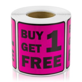 Buy One Get One Labels (2 x 2 inch, Square, Pink - 300 Labels) BOGO Stickers for Yard Sales, Garage Sales or Retail Stores