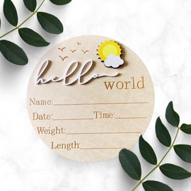 Hello World 3D Baby Announcement Wooden Disc – Sun & Cloud Newborn Keepsake Plaque – Gender Neutral Birth Stats Sign – for New Parents