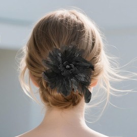 Yheahin Large Flower Feather Hair Clip Vintage Tulle Floral Barrette 1920s Bridal Wedding Prom Headpiece Feather Hair Accessories for Women (Black 2)