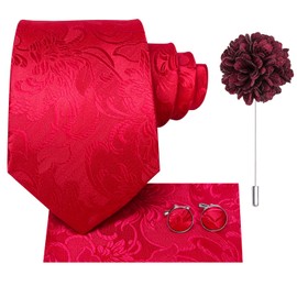 Hi-Tie Mens Tie Pocket Square Set Cufflinks Lapel Pin Silk Ties for Men Wedding Party Formal Business,Red Flower