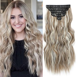 Clip in Long Wavy Synthetic Hair Extension 20 Inch Gray Blonde 6PCS Thick Hairpieces Fiber Double Weft Hair for Women