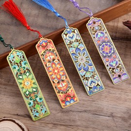 4 PCS Metal Bookmarks with Tassel, Golden Hollow Flower Bookmark Vintage Floral Mandala Theme Book Mark for Women Girls Book Lovers Writers Readers Teens Men