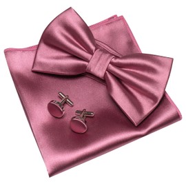 JEMYGINS Solid Color mens Pre-tied Bow Tie and Pocket Square Cufflinks Sets with Gift Box, Dusty Rose, One Size