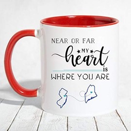Mother Day, Father Day Gift Distance Mug - Near Or Far My Heart Is Where You Are - Long Distance Mug State Map (NJ ME) New Jersey Maine - Accent Mug 11 OZ (Red)