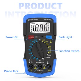 Capacitor Tester 2000pF~200uF, Capacitance Meter, LCR Meter, 200~2000M0 0hm Meter, hFE Test Multimeter with Resistance, Manual Range, Backlight, Auto Power Off, Testing Meter Tool