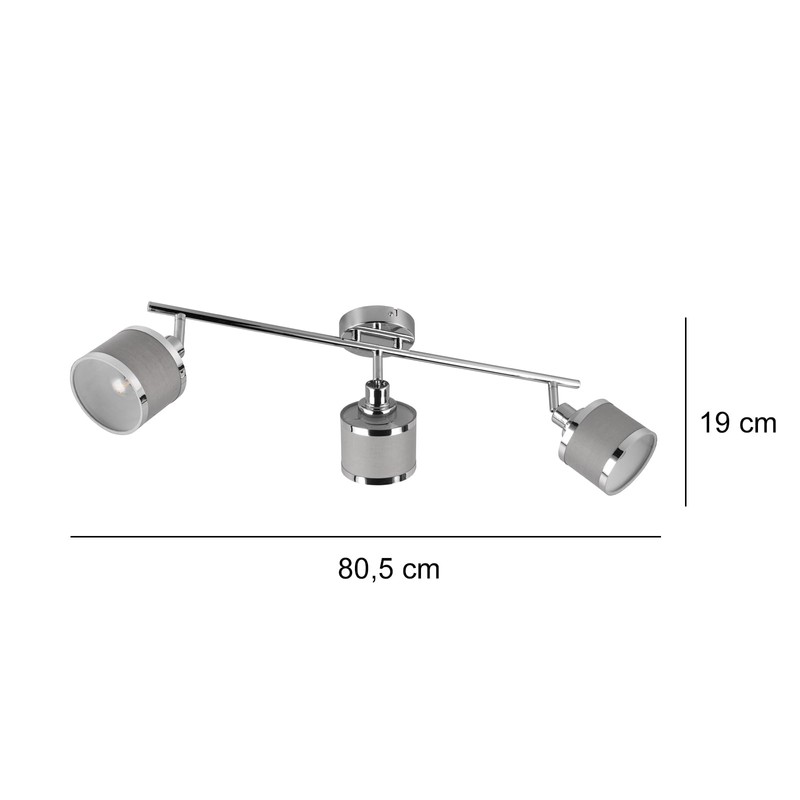3-Bulb Ceiling Spotlight Silver Chrome Fabric Shade Grey Width 80