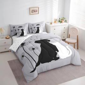 Erosebridal Cat 7 Pcs Comforter Set Dog Duvet Set King Size，Dandelion Quilt Set Bedroom Decorative Cute Pet Animal Sheet Set Bed in A Bag for Kids Boys Girls Teens, Grey