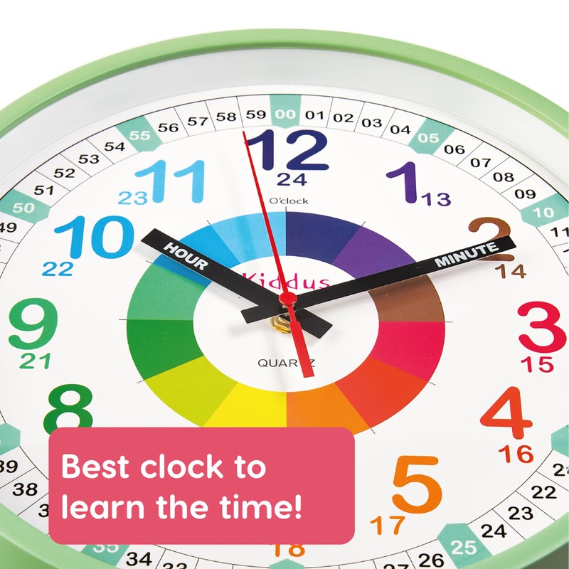 Kiddus Wall Clock for Boys and Girls. Silent Analogue Time