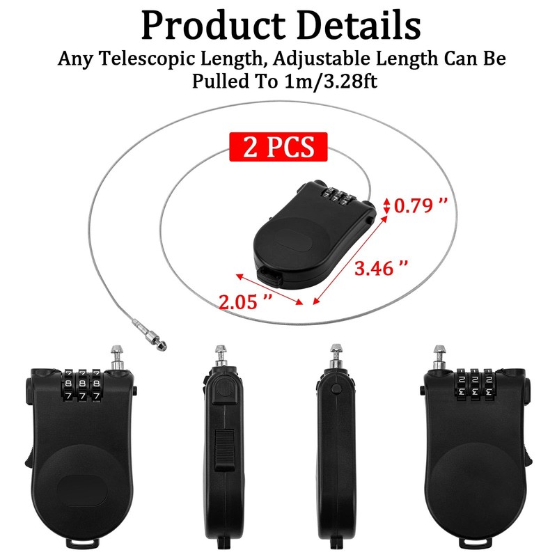 Cable Lock, 2 Pieces Retractable Cable Lock Combination Lock with