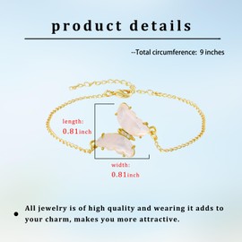 LWQQWL Pink Quartz Butterfly Bracelet Natural Healing Stone Crystal Bracelet with Adjustable Chain Cute Bracelets for Women Christmas Birthday Gifts