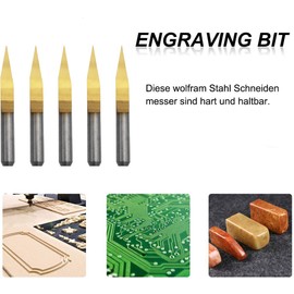 CESFONJER Titanium Coat Engraving Bits, Carbide PCB Engraving Bits, 3.175mm Engraving CNC Bit Router Carving Tool 20° Tip 0.1mm（5 Pcs)
