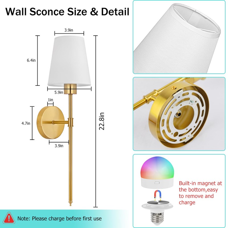 Battery Operated Wall Sconces Set of 2, Gold Rechargeable Wall
