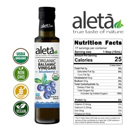 Aleta Farms Balsamic Vinegar, Greek Organic Blueberry Infused Aged Balsamic Vinegar, USDA Organic, Perfect for Salad Dressings, Pasta, Desserts & Cocktails, Glass Bottle, 8.45 fl oz (Blueberry)