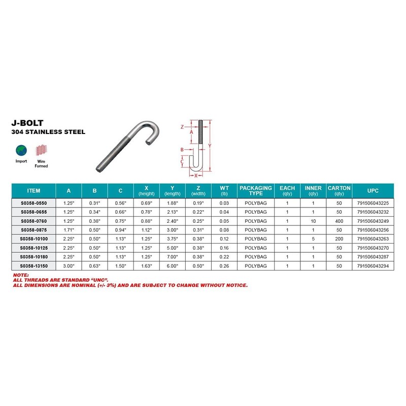304 Stainless Steel J-Bolt 1/4" (S0358-0760) (5 PK)