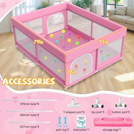 79x71 in Baby Playpen with Mat: Large Play Pen for Babies and Toddlers - Baby Gate Playpen with Soft Breathable Mesh - All-Wrapped Sponge Sturdy Safety Play Yard with 2 Handles & Bag, Pink
