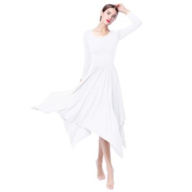 ZX Women Long Sleeve Praise Dance Dress Irregular Pleated Swing Skirt Latin Ballroom Dance Dress Lyrical Dancewear (Tag M, White)