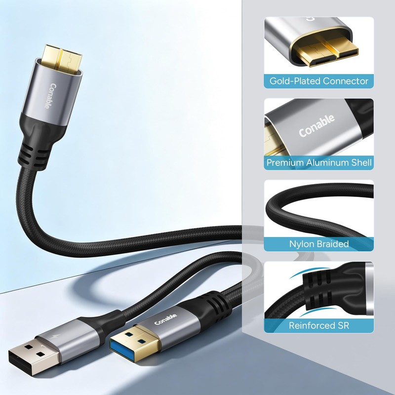 Conable Micro USB 3.0 to USB Splitter Cable 1FT, Micro-B