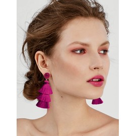 Big Magenta Tassel Earrings Dangle Drop Statement Fringe Long Fuchsia Pink Earrings for Women Dangling Boho Fancy Christmas Party Costumed Magenta Pink Jewelry Gift