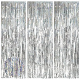 SYEYCW 3 Pcs 3.28ft x 8.20ft Silver Foils Fringe Curtains, Door Curtains Hanging Streamers, Curtains Metallic Tinsel Backdrop Decorations for Bachelorette, Birthday, Wedding, Party Decoration (Silver)