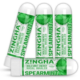 Z!NGHA Natural Aromatherapy Nasal Inhaler Stick for Sinus Relief, Focus & Stress Relief | Portable Dual-Hole Essential Oil Blend (4PK, Spearmint)