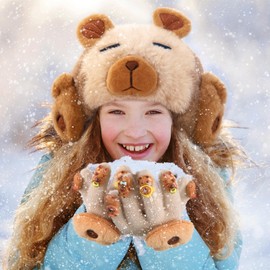 ShinyMatch 4 Pcs Kids Winter Capybara Hat Earmuffs Scarf and Kids Gloves Set Plush Capybara Winter Warm Set for Age 7-12